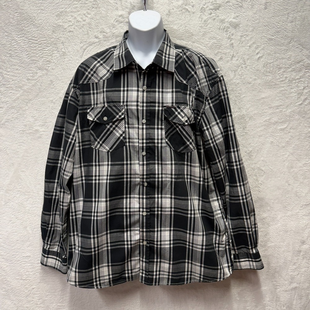 Marc Ecko Cut & Sew Button Up Shirt Mens 2XL Black Tartan Plaid Contrast Stitch